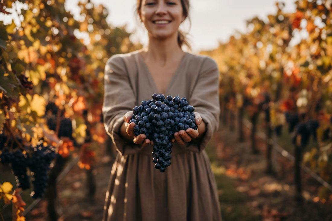 Femme en vigne en automne tenant une grappe de raisin noir bio — cure de raisin détox Theralica