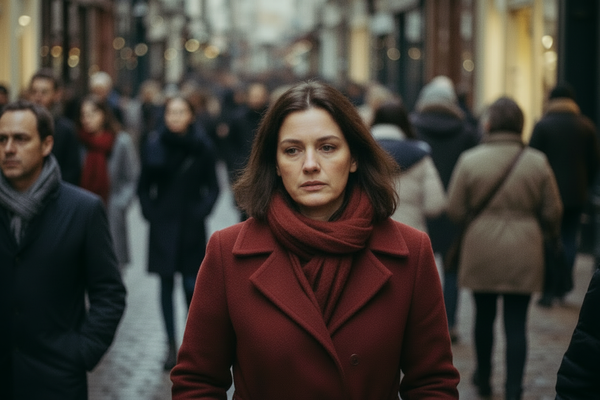 Femme fatiguée en hiver dans une rue piétonne française, manteau et écharpe, fatigue saisonnière hivernale