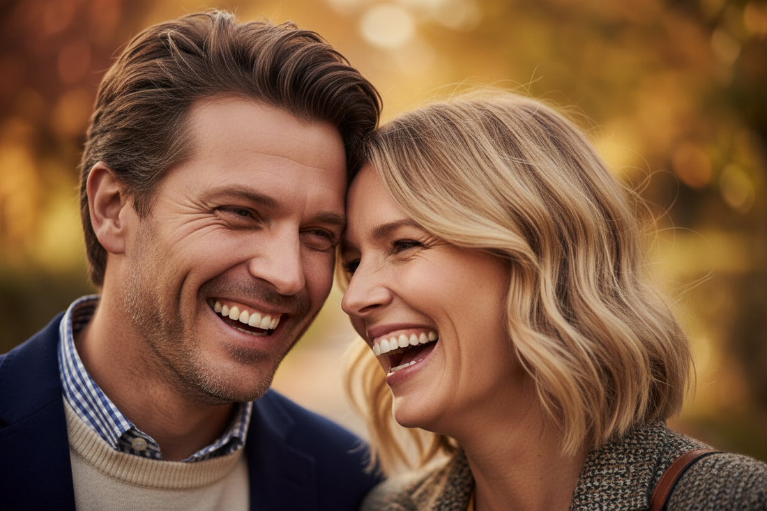 Couple souriant bras dessus bras dessous en pleine forme à la rentrée — cure de compléments alimentaires Theralica