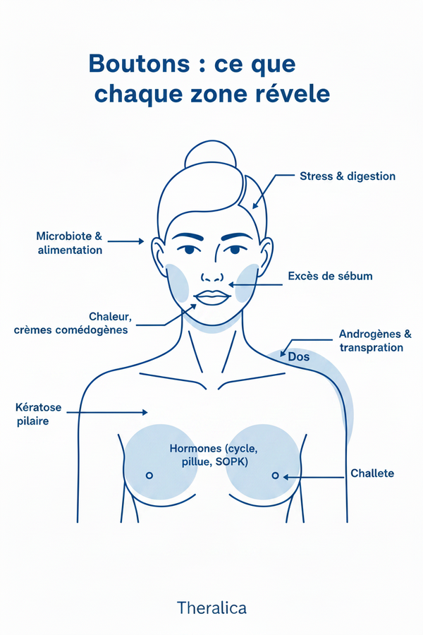 Cartographie des boutons par zone du visage et du corps — causes et solutions — Theralica