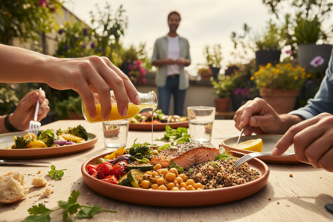 Assiette méditerranéenne équilibrée avec légumes, pois chiches, quinoa et saumon