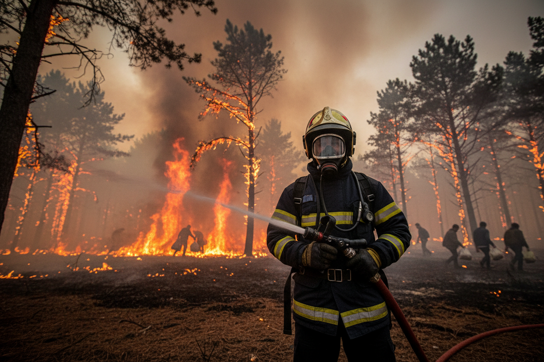 Pompier au feu dans les Landes — stress, fumées et épuisement lors des incendies de forêt