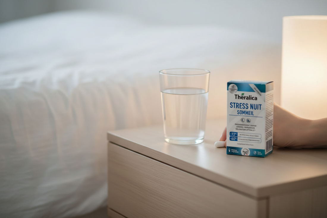 sleepmaxxing table de nuit verre eau Stress Nuit Sommeil compléments mélatonine magnésium pharmacien Theralica