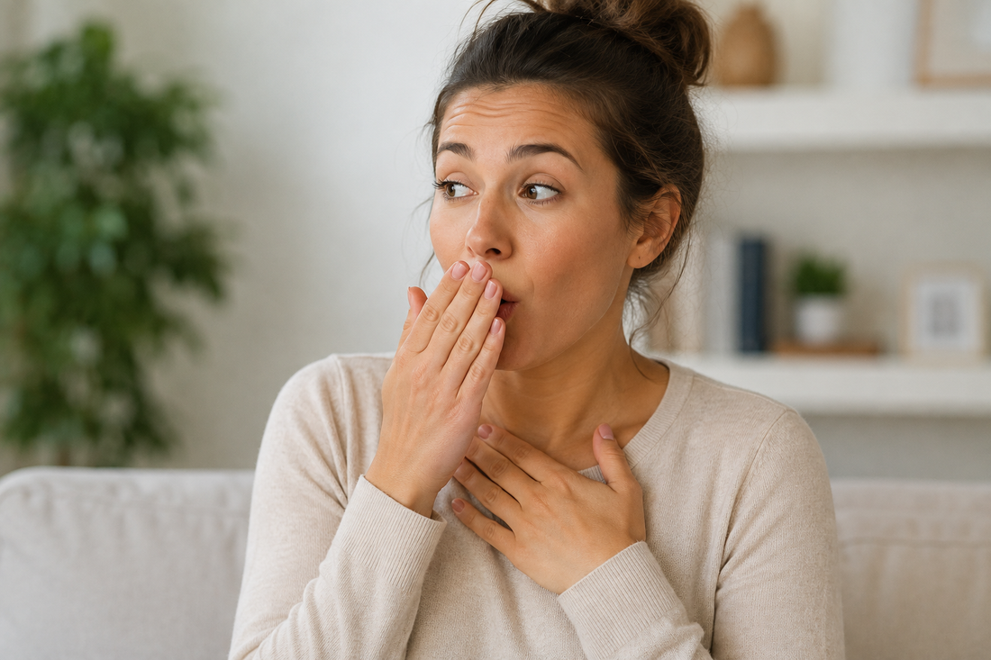 Femme qui retient un rot - rots fréquents causes et solutions - Theralica
