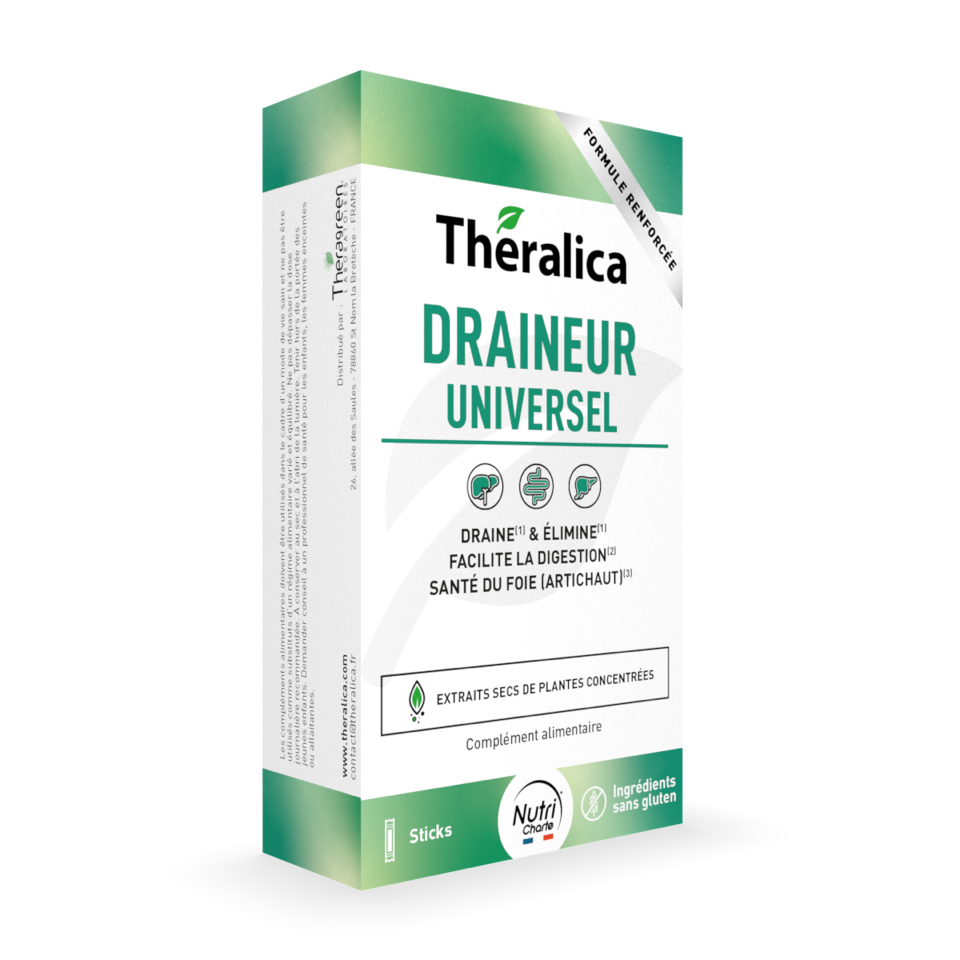 Draineur Universel Theralica — complément alimentaire drainage et légèreté — 15 sticks 15 gélules