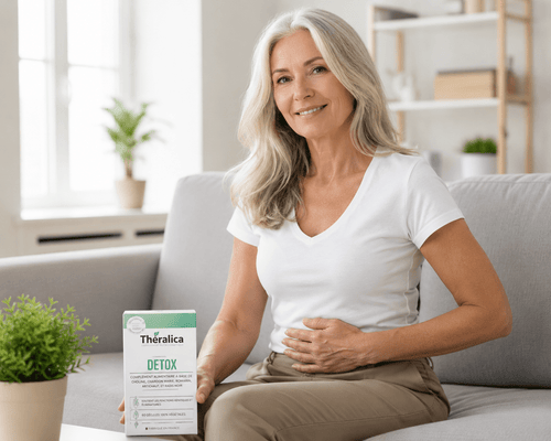 Femme de 50 ans avec Complément alimentaire Detox Theralica - composition actifs naturels detoxifiants - 45 gélules