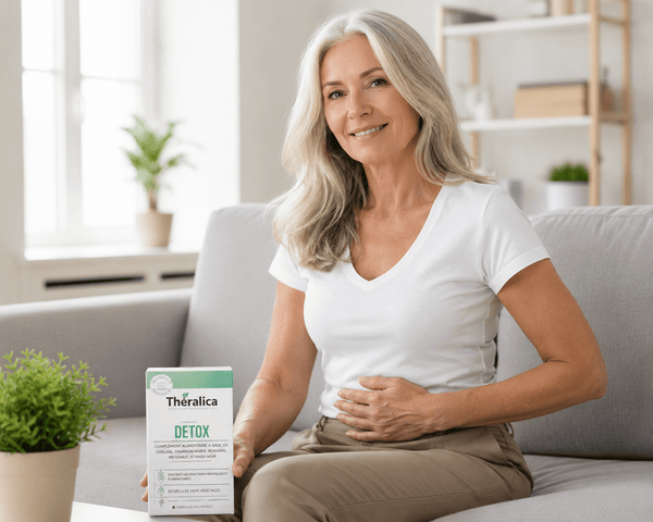 Femme de 50 ans avec Complément alimentaire Detox Theralica - composition actifs naturels detoxifiants - 45 gélules