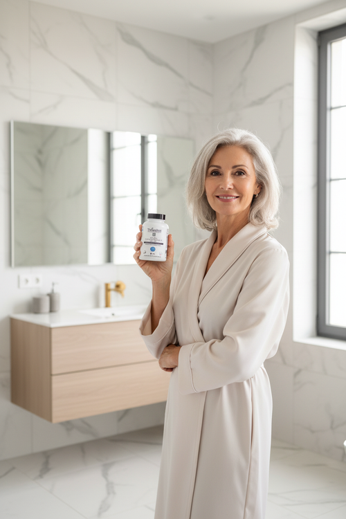 Femme 60 ans salle de bain avec packaging Theralica