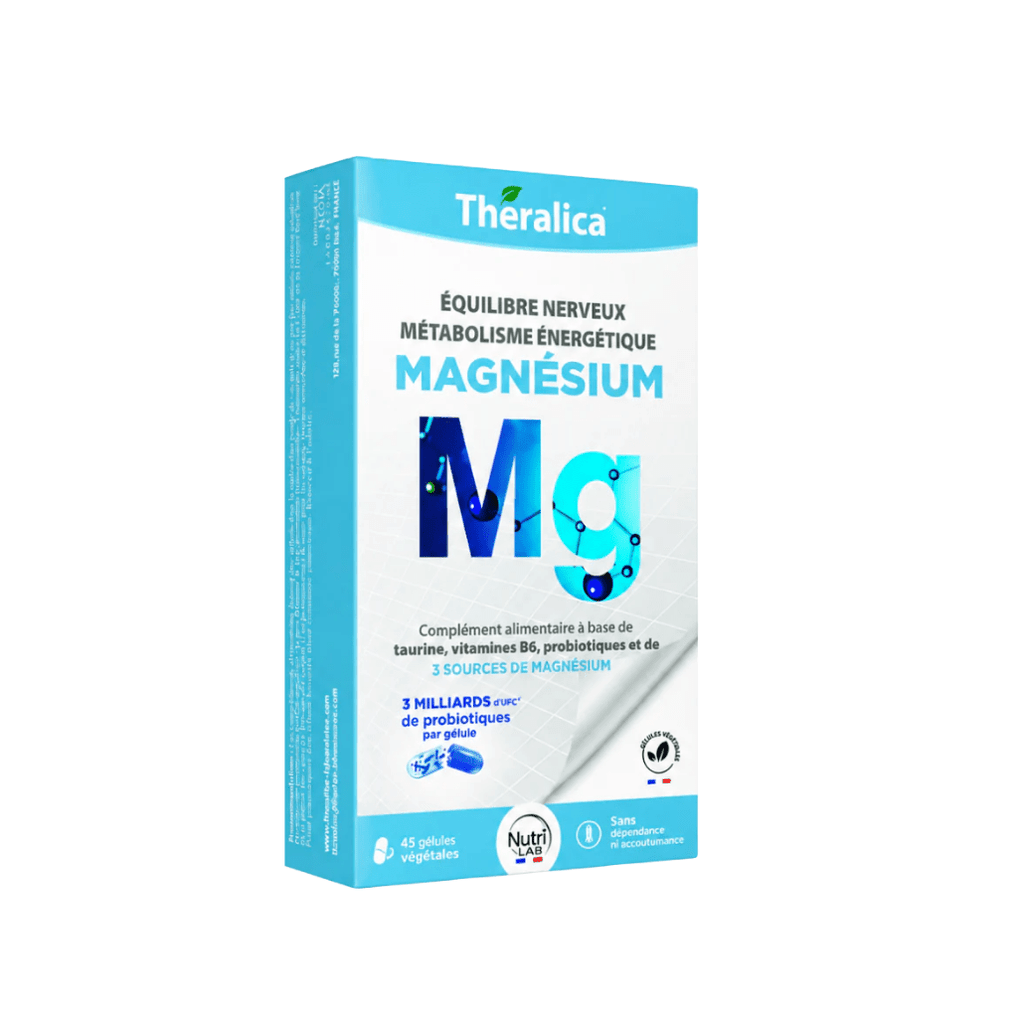 Magnésium Marin Theralica avec vitamine B6 et taurine pour réduire la fatigue, le stress et les crampes musculaires.