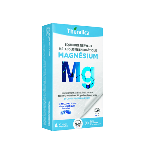 Magnésium Marin Theralica avec vitamine B6 et taurine pour réduire la fatigue, le stress et les crampes musculaires.