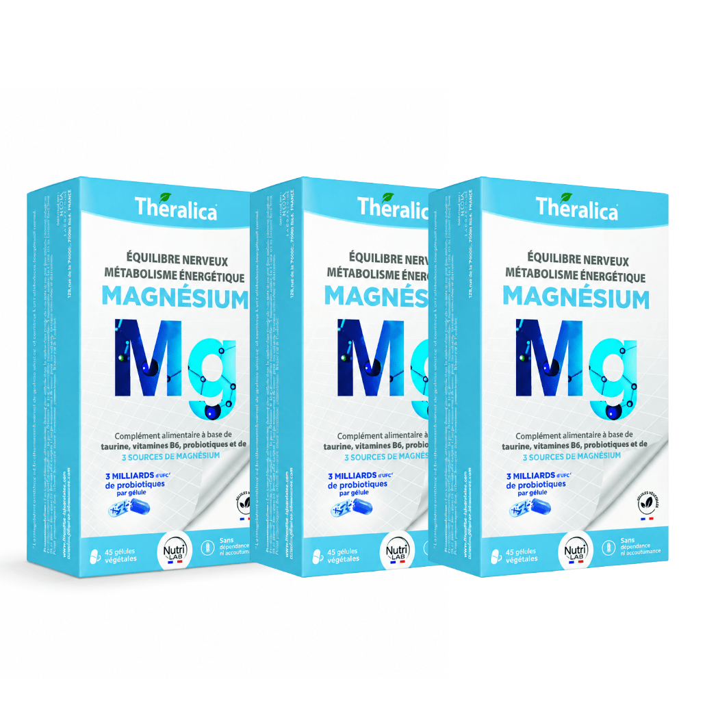 Magnésium marin, vitamine B6 et taurine pour soutenir la relaxation, limiter la fatigue nerveuse et les crampes nocturnes.