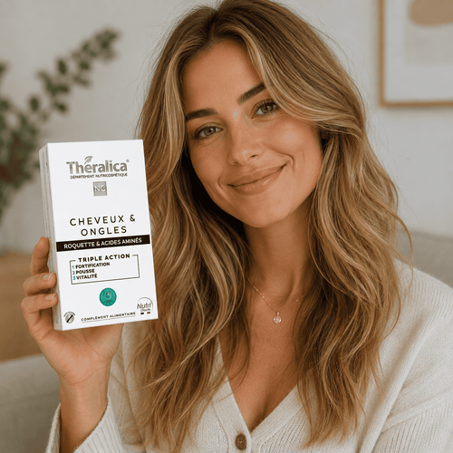 Femme blonde tenant le complément alimentaire Cheveux et Ongles Theralica